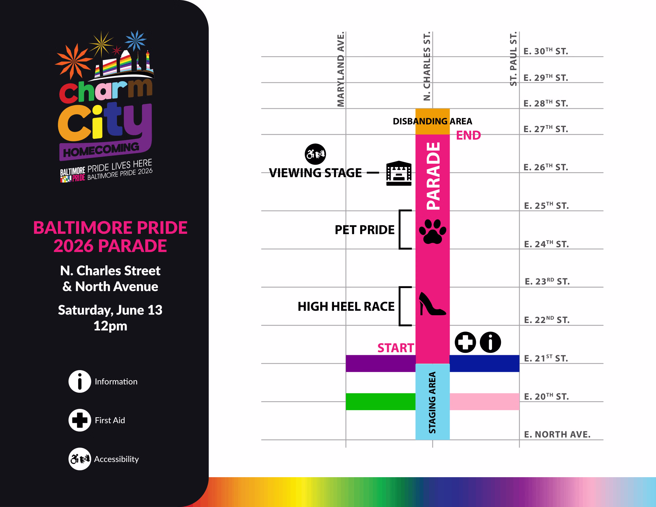 Baltimore Pride parade map for Paws and Pride staging and route