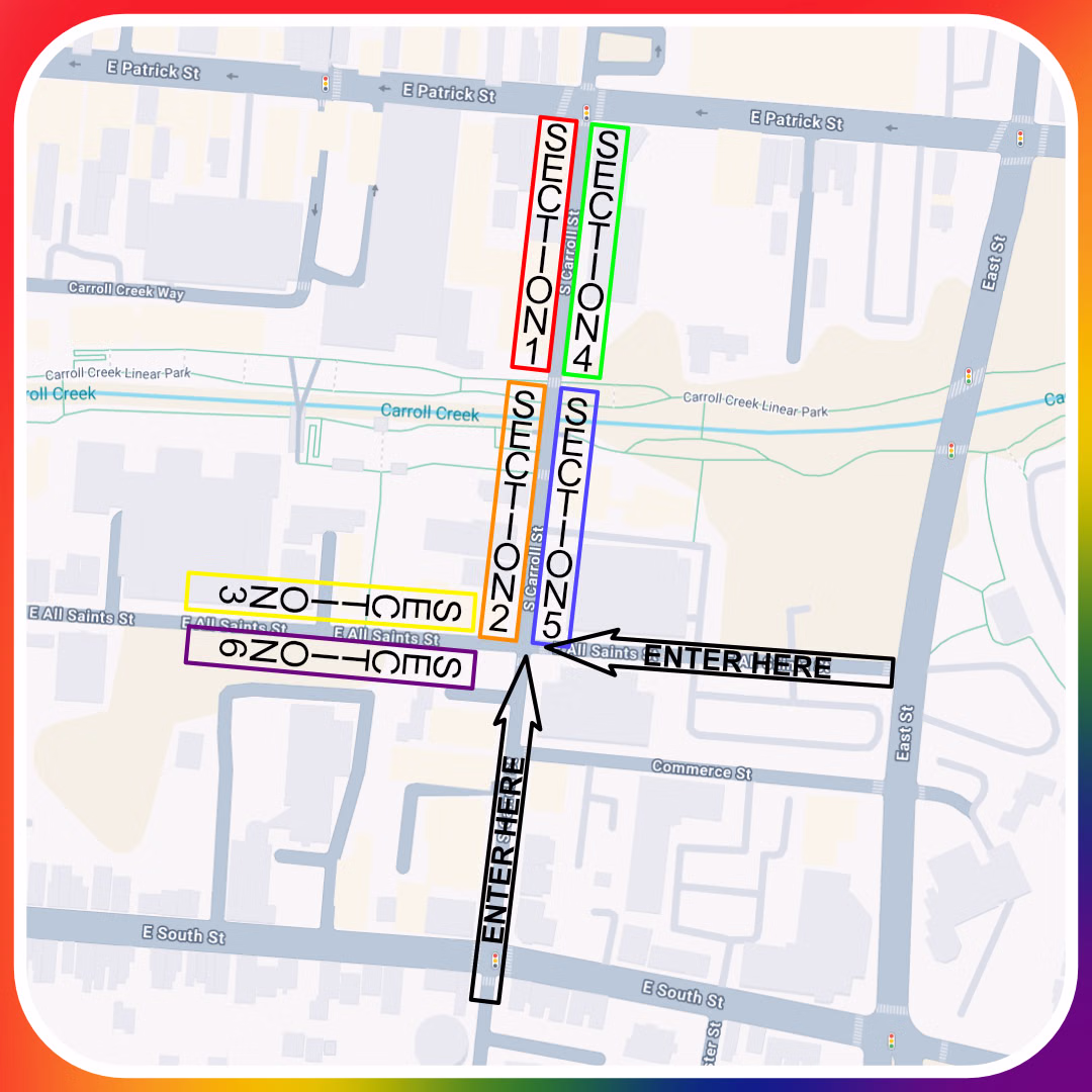 Frederick Pride Parade 2026 staging and lineup map